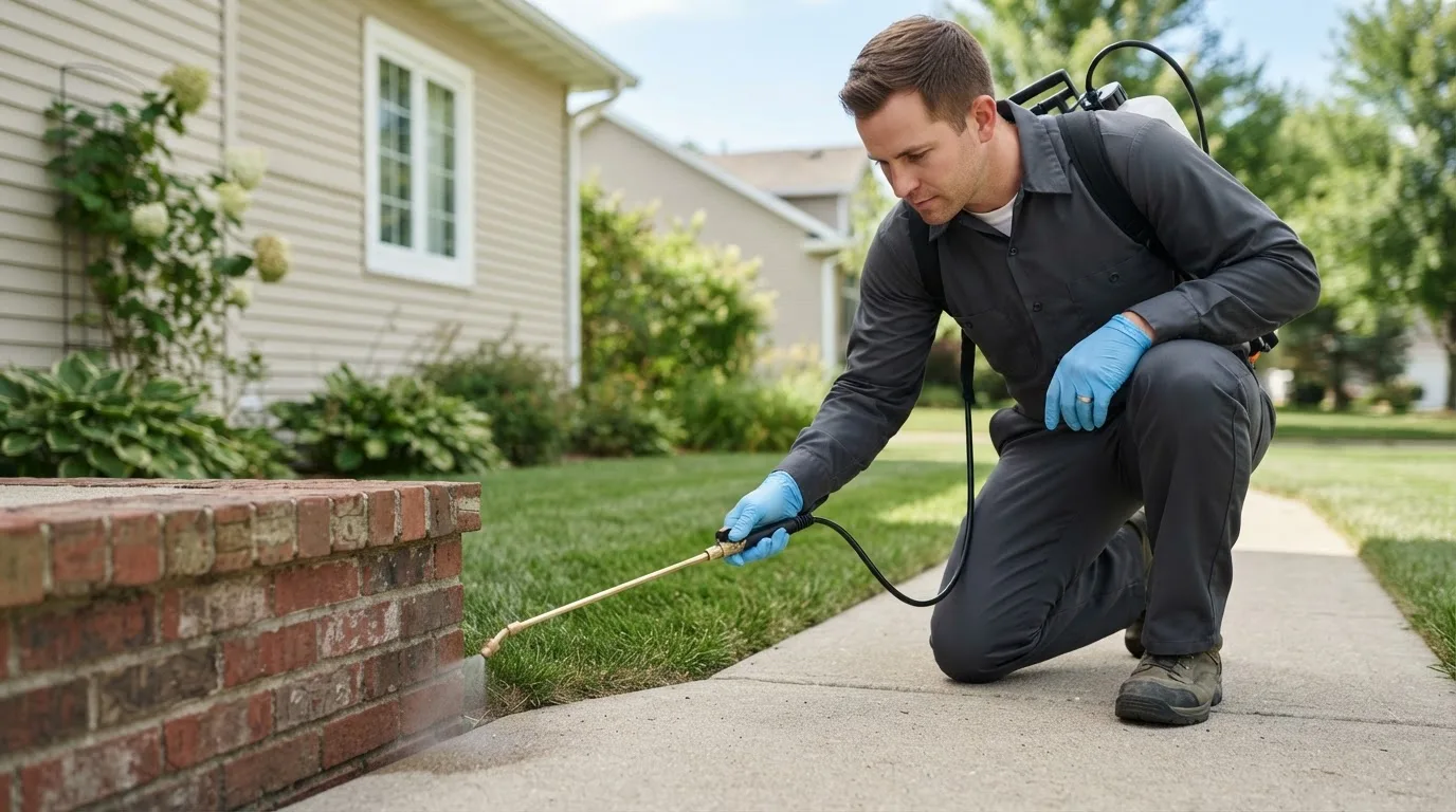 Pest control technician treating a home near Adrian, PA